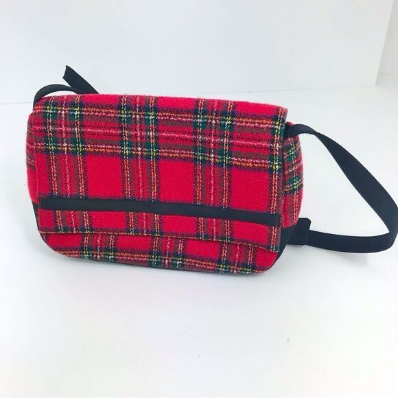Ego Red and Black Plaid Wool Flap Front Holiday Mini Shoulder Bag - Picture 1 of 16